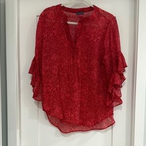 Vince Camuto Fun Flirty Red Flutter Sleeve Blouse with Mandarin Collar